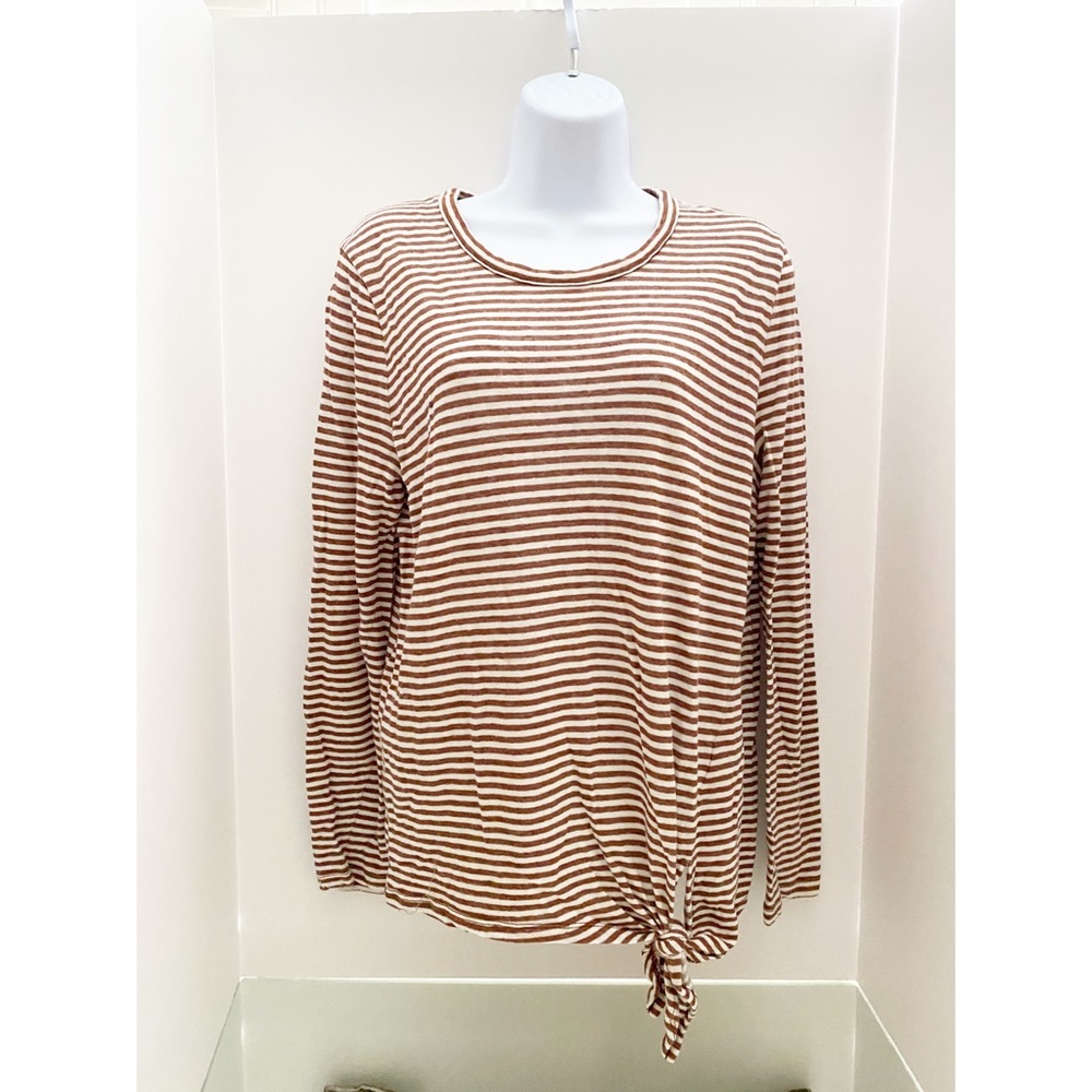 Madewell Tan & White Striped Cotton Tie Front LS